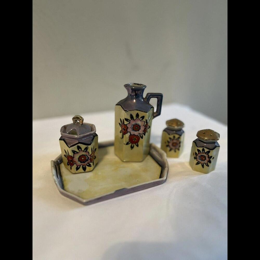 Art Deco Lustreware Condiment Set Seiei & Co Hand Painted Porcelain Japan